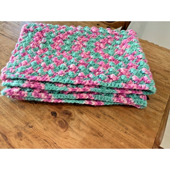 Handmade Other - Handmade Chunky Crochet Blanket Pink Mint & Lavander Puff Stitch Throw 47x32